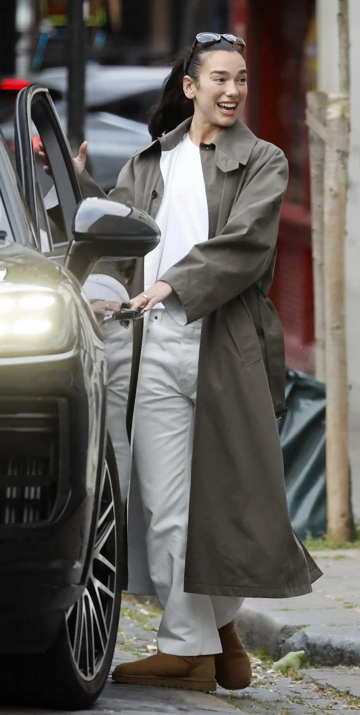 Dua Lipa in a Grey Trench Coat