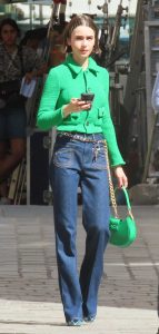 Lily Collins in a Green Cardigan