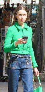 Lily Collins in a Green Cardigan