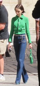 Lily Collins in a Green Cardigan