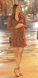 Alexandra Daddario in a Brown Floral Print Dress