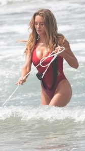 Hassie Harrison in a Red Swimsuit