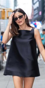 Monica Barbaro in a Black Mini Dress