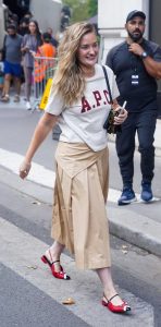 AJ Michalka in a Beige Skirt