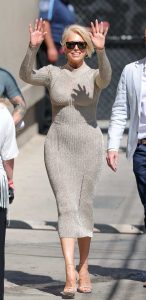 Hannah Waddingham in a Beige Dress