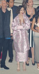 Lily Collins in a Pink and Silver Patterned Ensemble