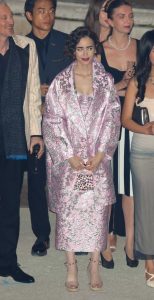 Lily Collins in a Pink and Silver Patterned Ensemble