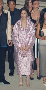 Lily Collins in a Pink and Silver Patterned Ensemble