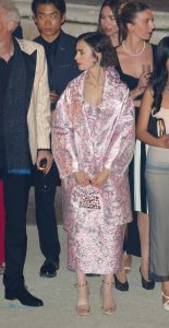 Lily Collins in a Pink and Silver Patterned Ensemble