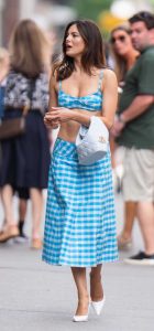 Monica Barbaro in a Blue Plaid Ensemble