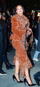 Rihanna in an Orange Embroidered Ensemble