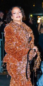 Rihanna in an Orange Embroidered Ensemble