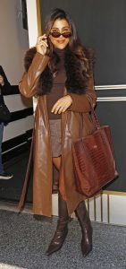 Daniella Monet in a Brown Leather Coat