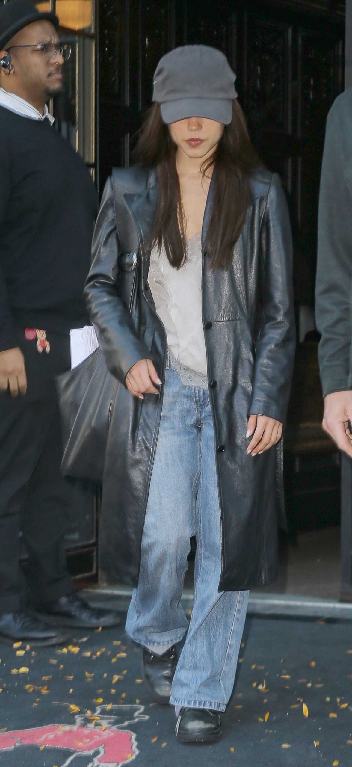 Jenna Ortega in a Black Leather Coat