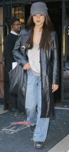 Jenna Ortega in a Black Leather Coat