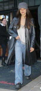 Jenna Ortega in a Black Leather Coat