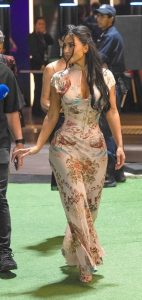 Kim Kardashian in a Beige Floral Dress