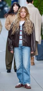Sydney Sweeney in a Brown Leather Jacket